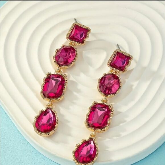 Pink & Gold Rhinestone Dangle Earrings - Picture 3 of 3